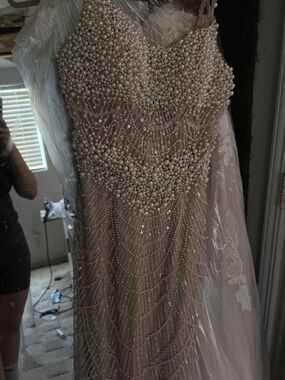 Beaded Pearl-Embellished Nude Evening Gown